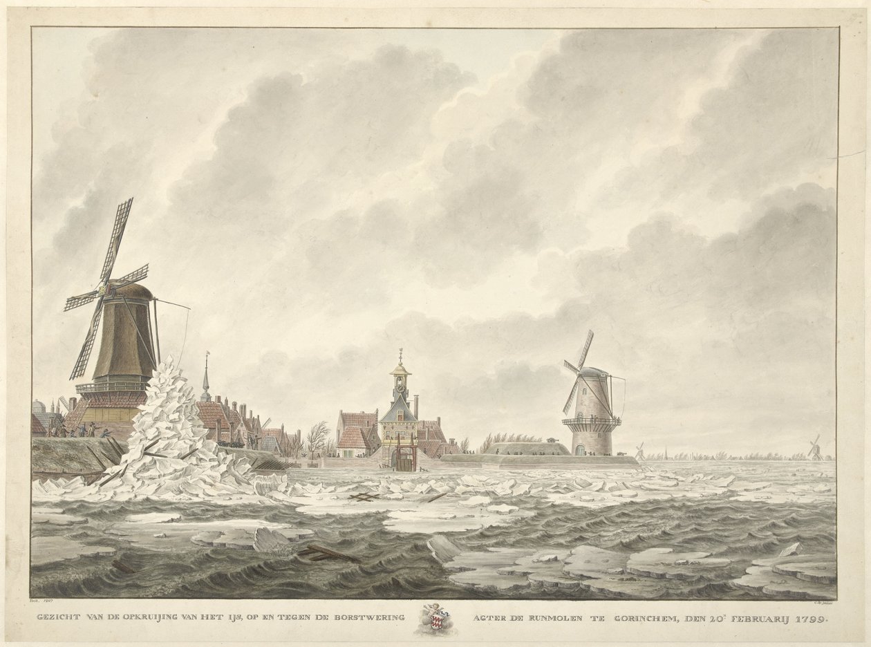 Ansicht des Eisaufbruchs an der Brustwehr hinter der Runmolen in Gorinchem, den 20. Februar 1799 von Cornelis de Jonker