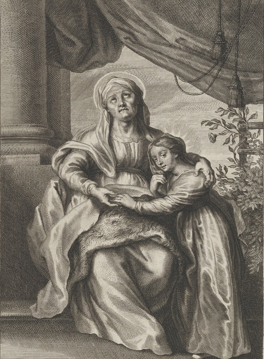 Die Erziehung der Jungfrau, mit der heiligen Anna, die auf einer Bank sitzt und nach oben schaut, ca. 1645-78 von Cornelis van Caukercken