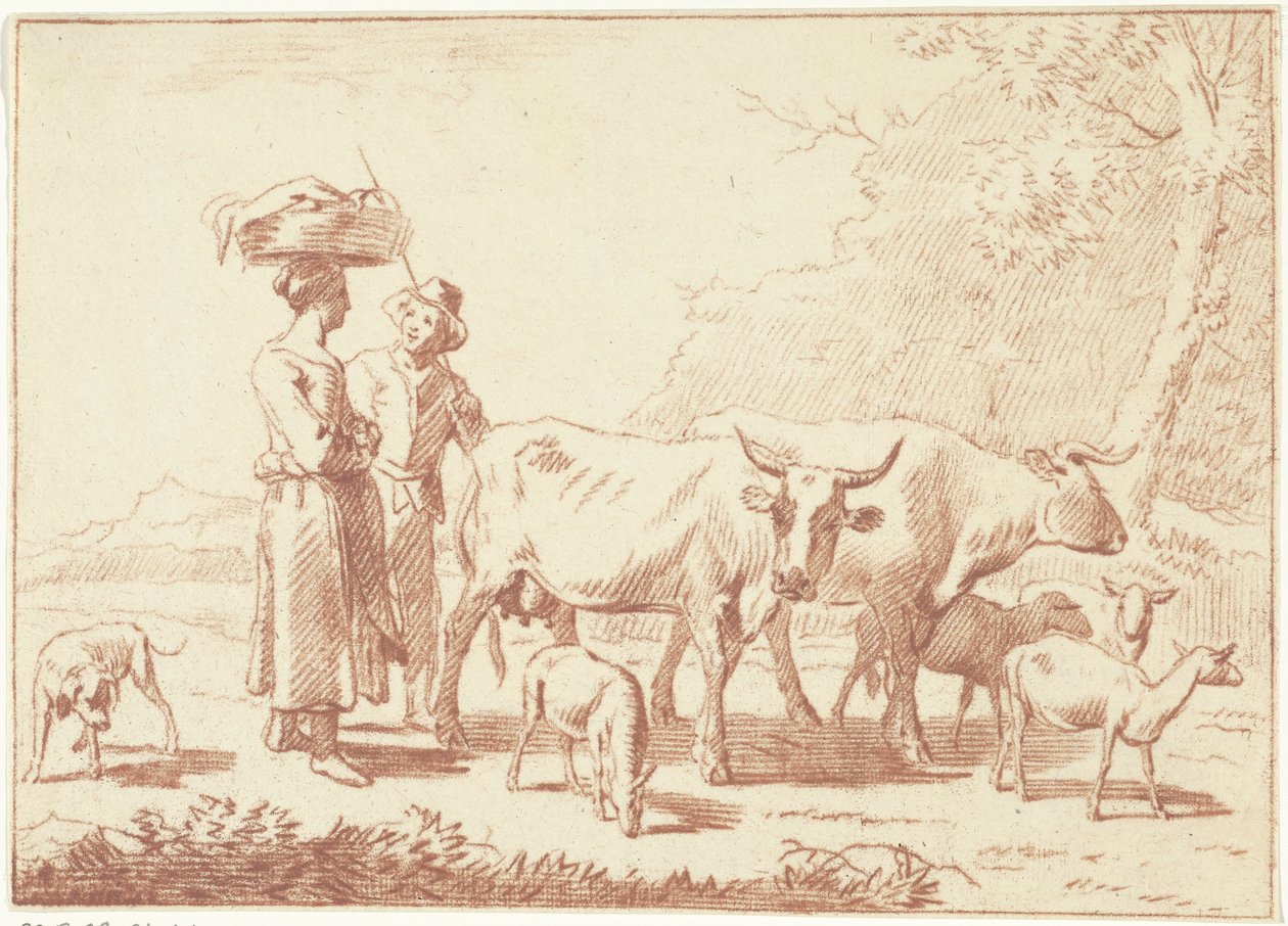 Hirte und eine Frau mit Kühen und Schafen von Cornelis van Noorde