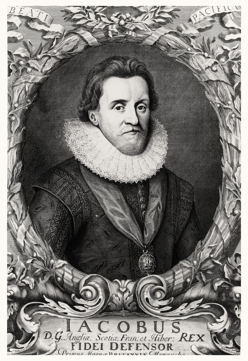 Porträt von James I., König von Großbritannien, graviert von R. White, 1669 von Cornelius I after Johnson