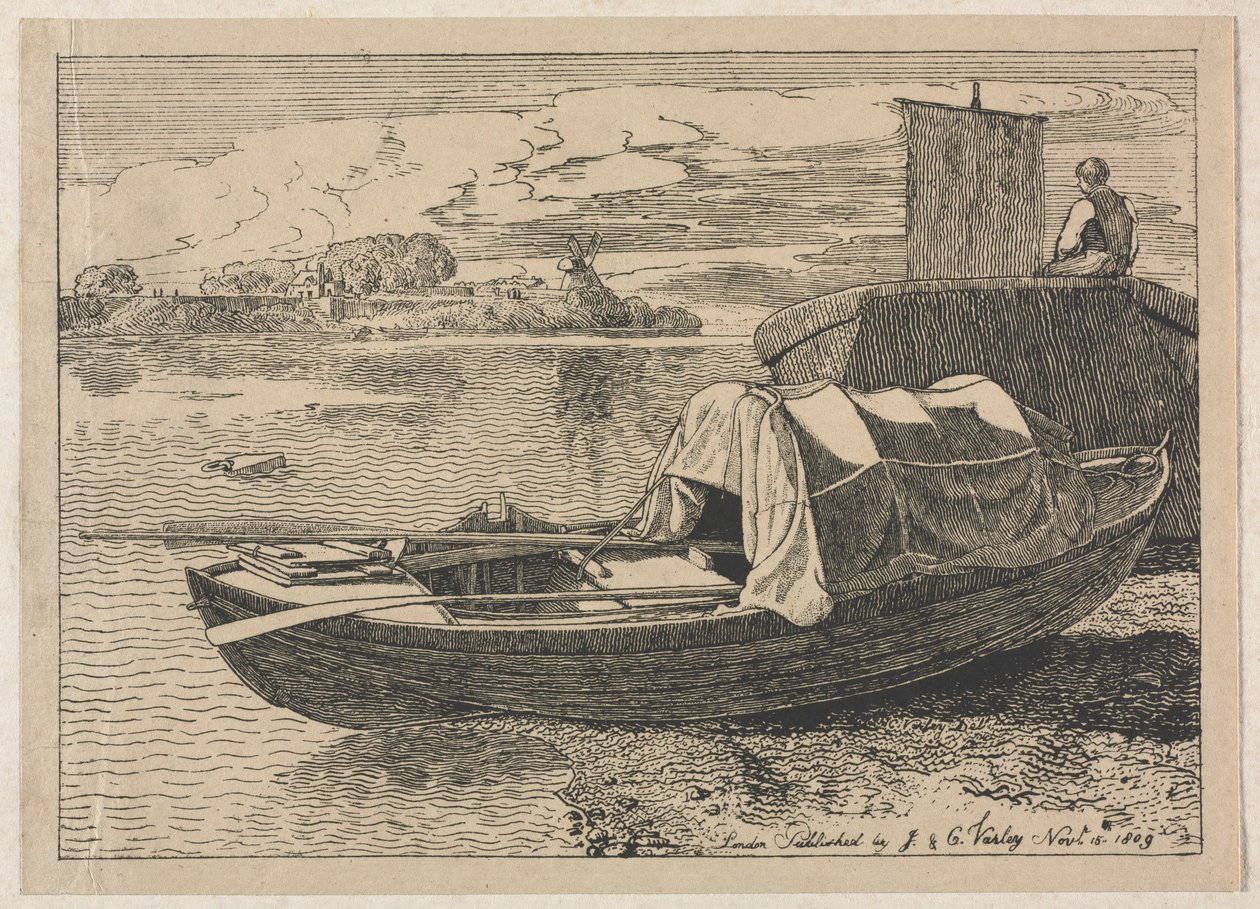 Boote auf einem Fluss, Windmühle in der Ferne von Cornelius Varley