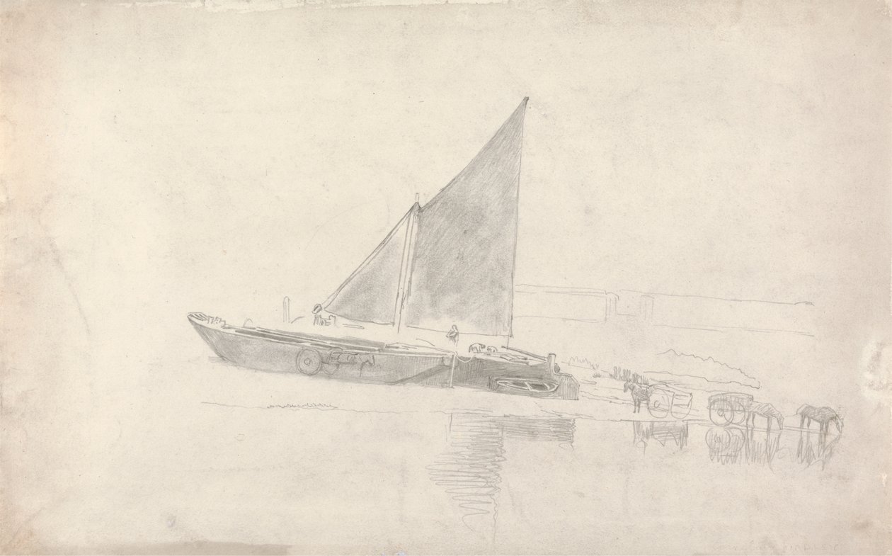 Studie von Booten mit Pferden und Karren von Cornelius Varley