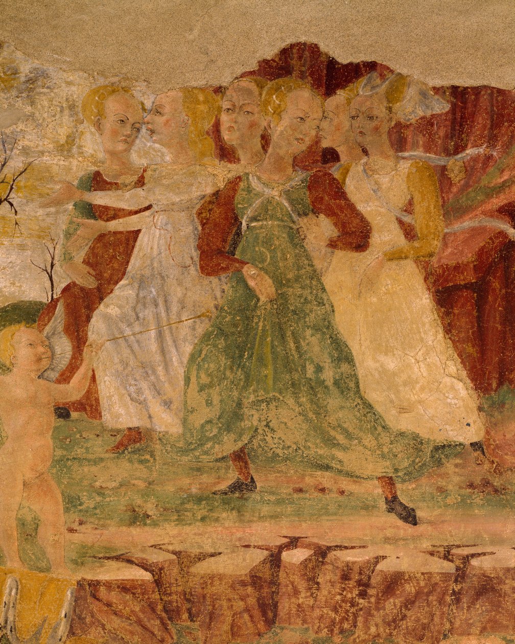 Verzweiflung der Mägde von Proserpina, Detail aus Triumph der Ceres, Szene aus dem Monat August, zugeschrieben Cosimo Tura und Meister von Ercole, Fresko, Nordwand, Halle der Monate, Palazzo Schifanoia, Ferrara, Italien, um 1470 von Cosimo (attr. to) Tura