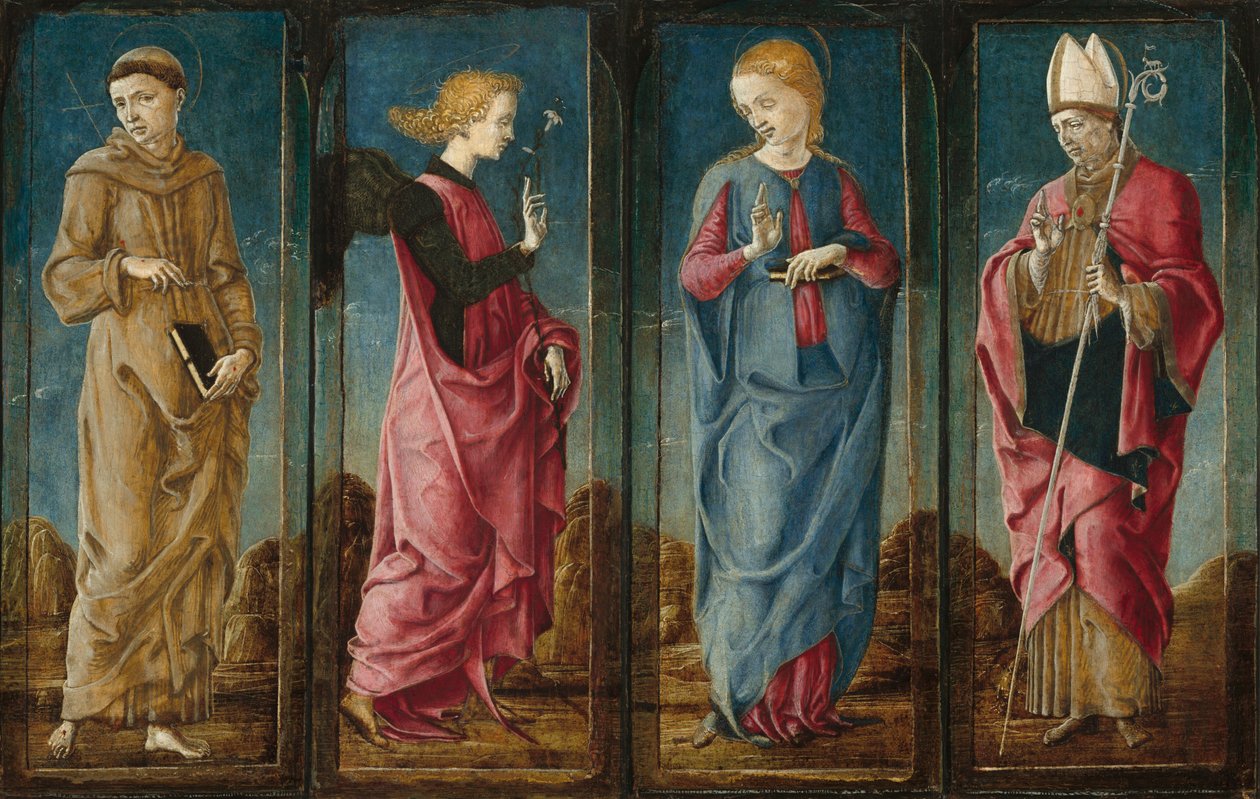 Die Verkündigung mit Heiligen Franziskus und Heiligen Ludwig von Toulouse [vier Tafeln] von Cosmè Tura