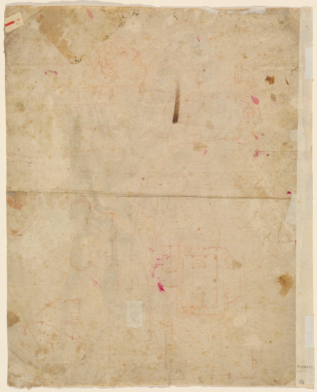Der Kopf des Heiligen Georg und architektonische Pläne (verso) von Cosmas Damian Asam