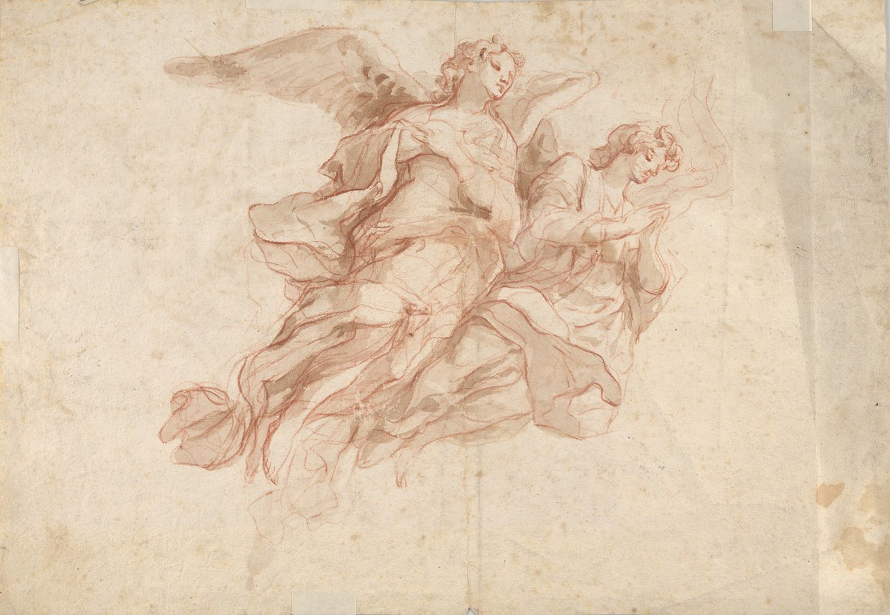 Zwei fliegende Engel, verso: Gottvater auf den Wolken sitzend und eine Skizze einer fliegenden Figur, ca. 1720 von Cosmas Damian Asam