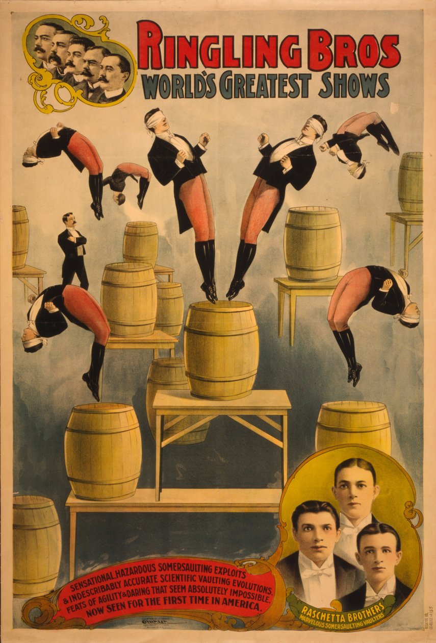 Ringling Bros, weltgrößte Shows Raschetta Brüder, wunderbare Salto-Turner, ca. 1900 von Courier Company Lith.