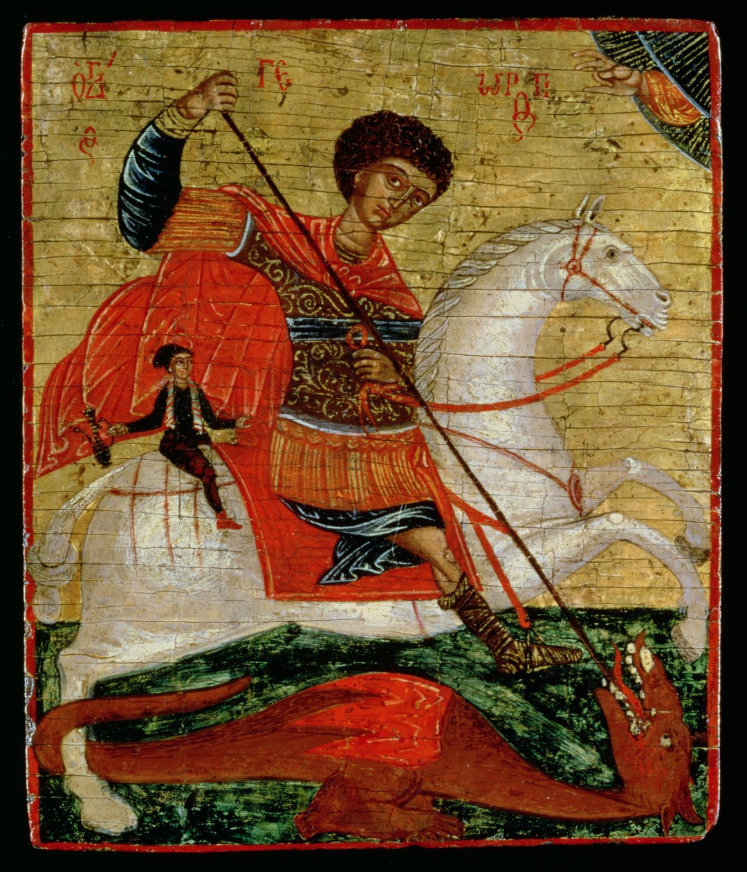 Ikone des Heiligen Georg und des Drachen (Goldblatt und Tempera auf Holztafel) von Cretan School