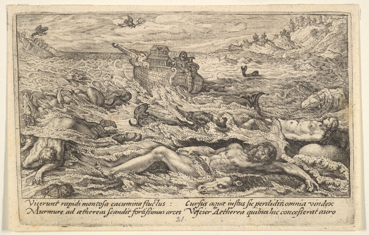 Die Sintflut zerstört das Leben auf der Erde: Leichen von Menschen und Tieren treiben im Vordergrund..., 1612 von Crispijn de Passe I