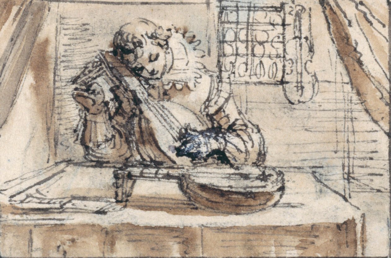 Jugendlicher, der sein Instrument stimmt von Crispin I de Passe