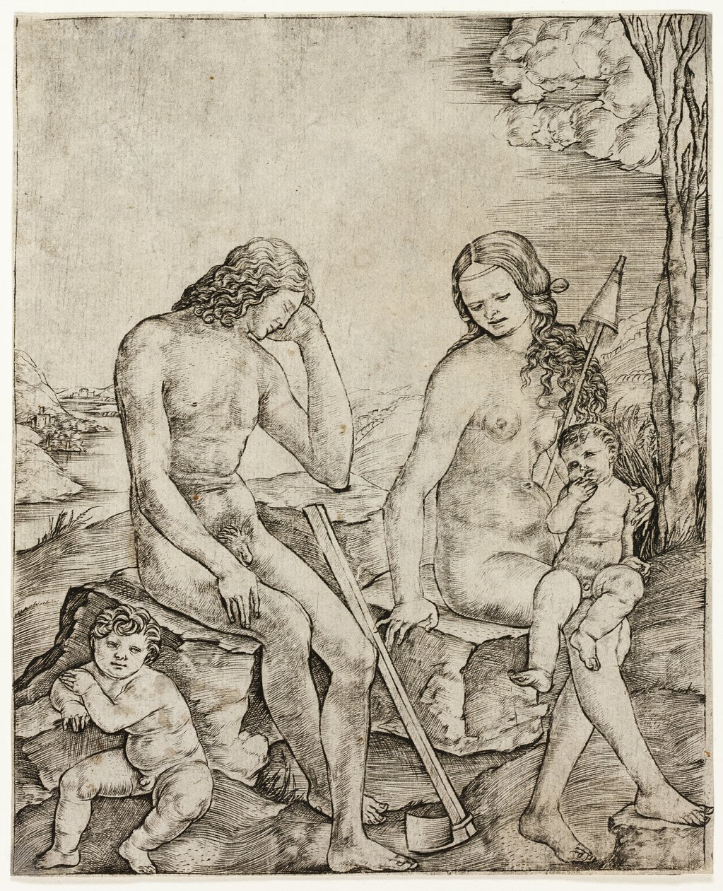 Adam und Eva mit den Kindern Kain und Abel von Cristofano Robetta
