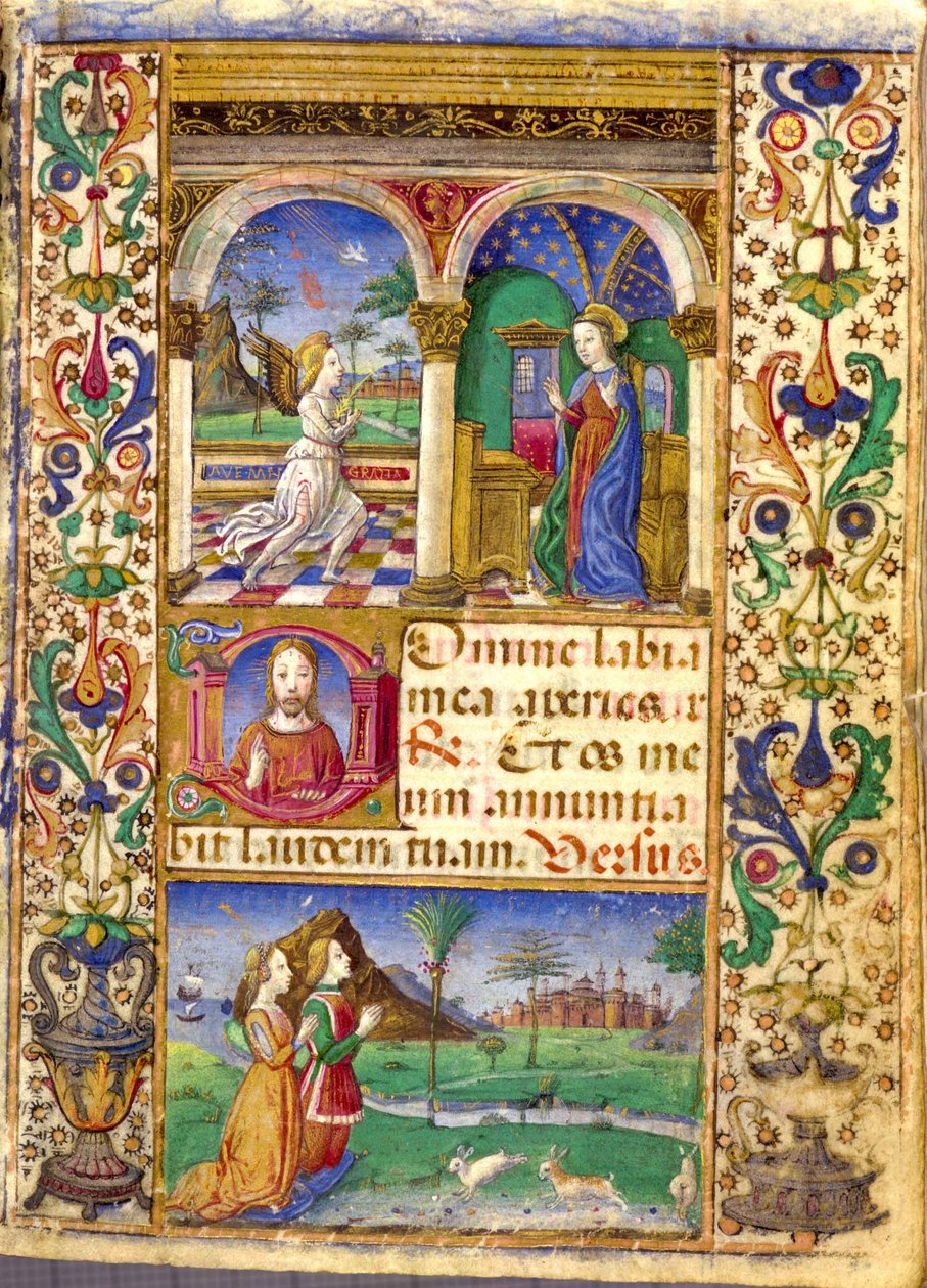 Verkündigung, Stundenbuch Borromeo, mit Giovanni III Borromeo und seiner Frau Cleófa Pio da Carpi im Gebet von Cristoforo De Predis