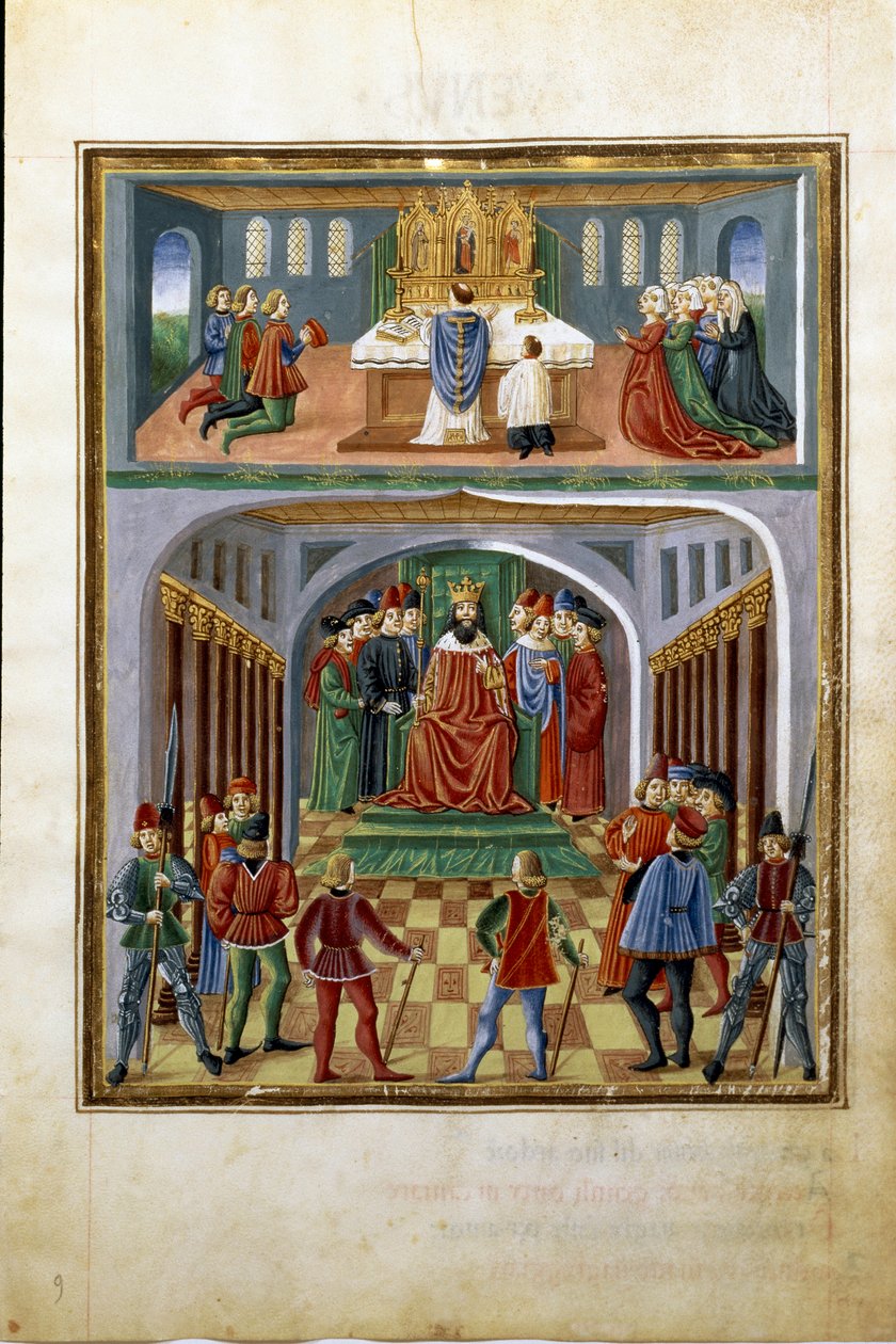 Einfluss der Sonne: weltliche Mächte (König vor seinen Höflingen) und geistliche Mächte (Priester im Dienst in einer Kirche) von Cristoforo De Predis