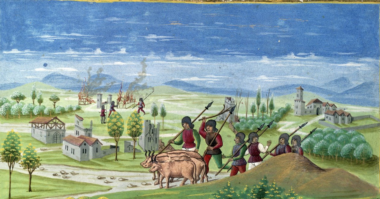 Plünderung während des Krieges. Detail von „Einfluss der Sonne“: Der Krieg. Miniatur von Cristoforo de Predis (ca. 1440-ca. 1486) - in „De Sphaera“ d