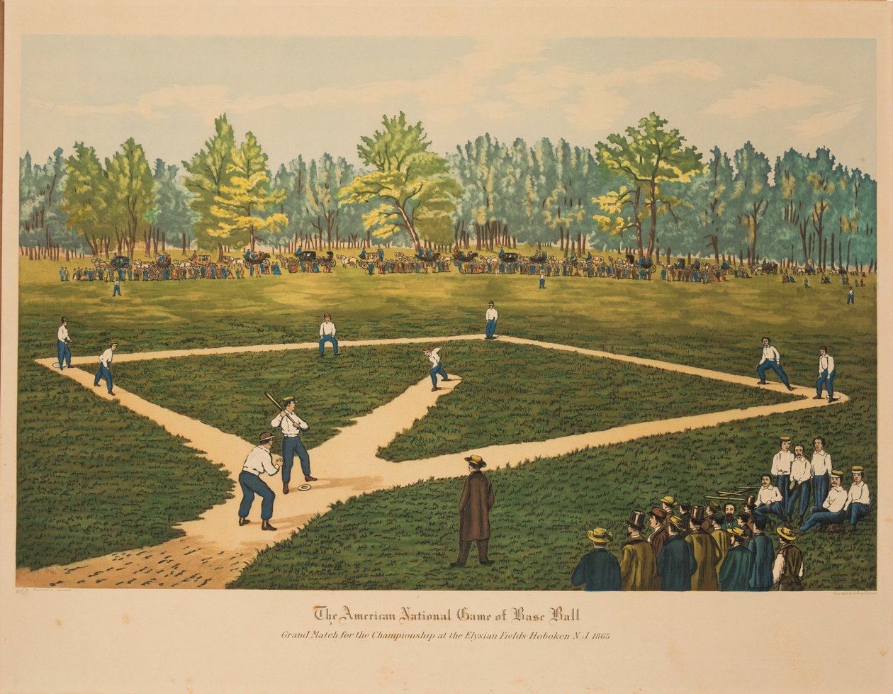 Das amerikanische Nationalspiel Baseball, ca. 1866 von Currier and Ives.