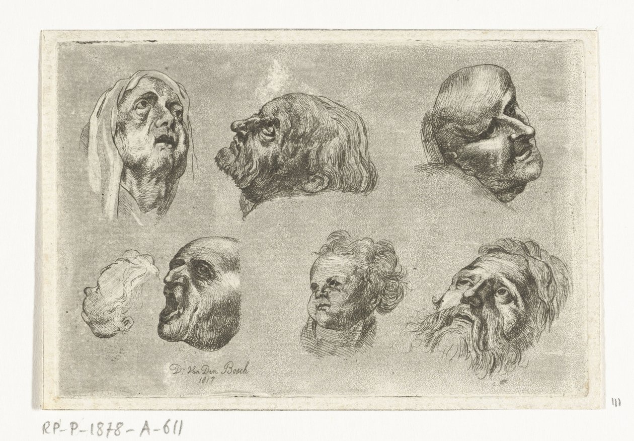 Studienblatt mit sieben Köpfen in zwei Reihen von D. van den Bosch