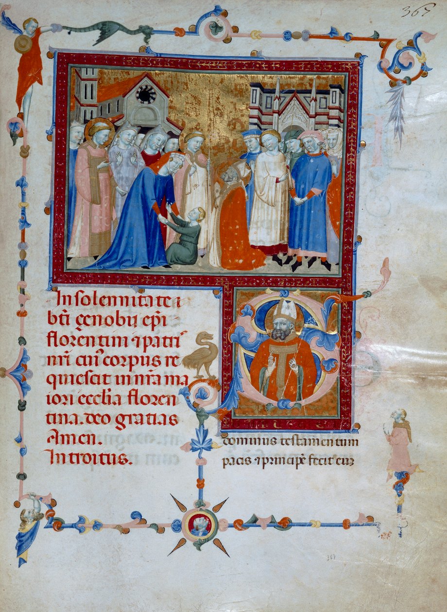 San Zanobi erweckt einen Jungen von den Toten (Codice Edili 107, c. 367), für ein Römisches Messbuch von Daddesco Maestro