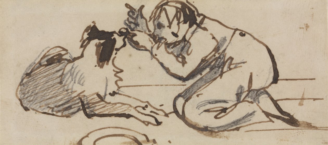 Ein Kind spielt mit einem Hund von Daniel Maclise