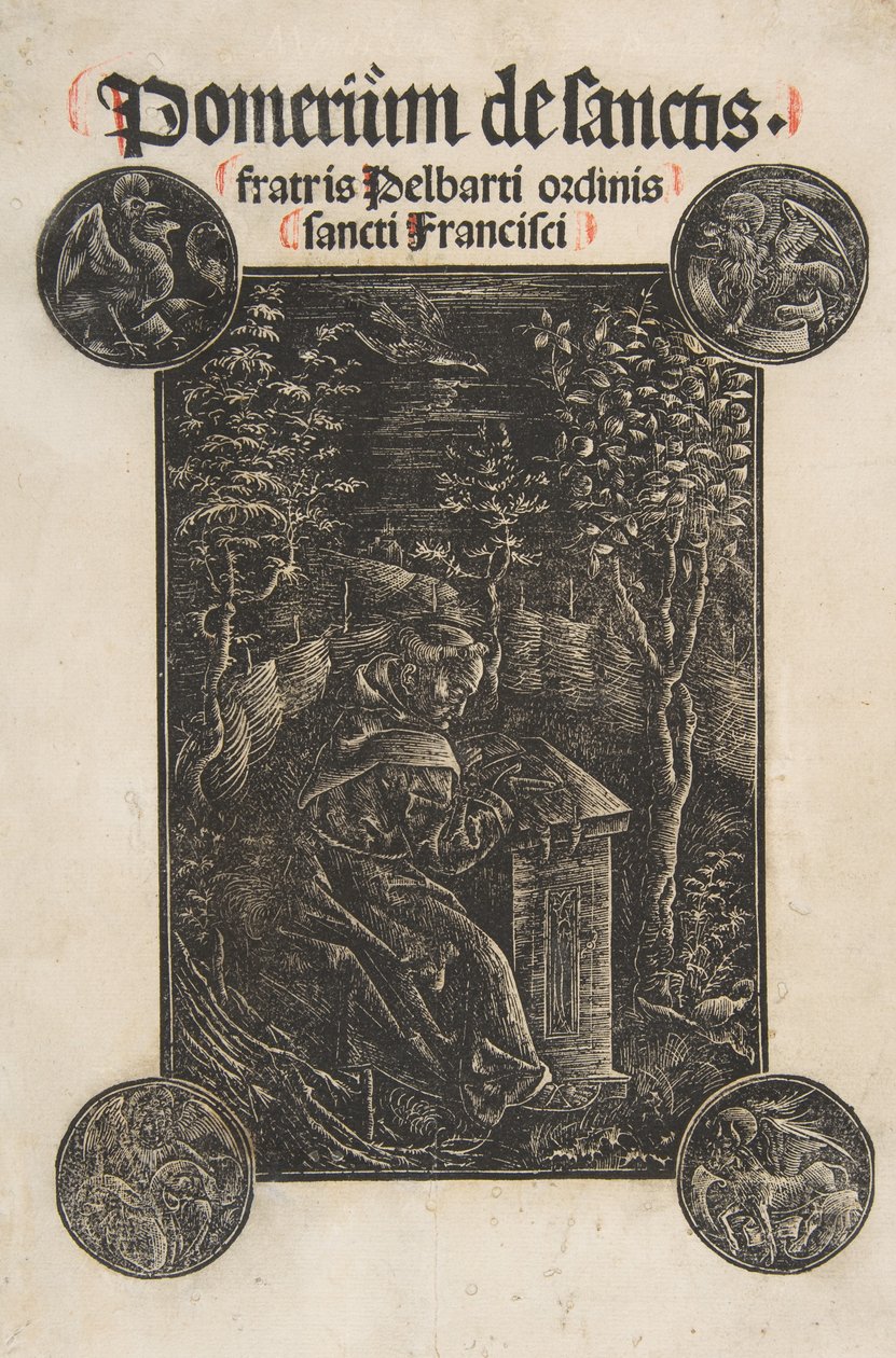 Der Franziskaner Pelbart von Temesvar, studierend in einem Garten, 1502 von Daniel Hopfer.