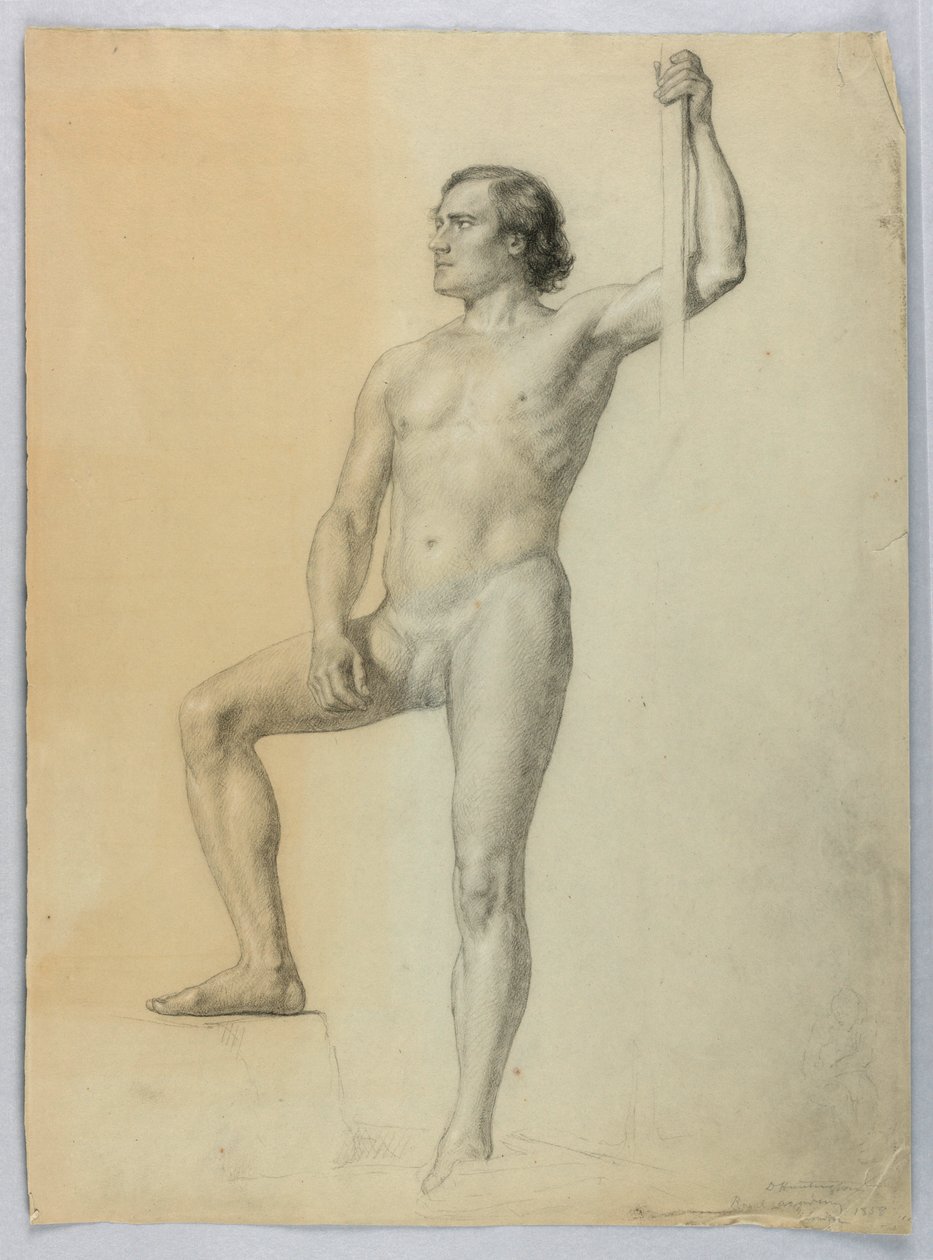 Zeichnung, Männlicher Akt mit einem Fuß auf einer Stufe, 1858 von Daniel Huntington