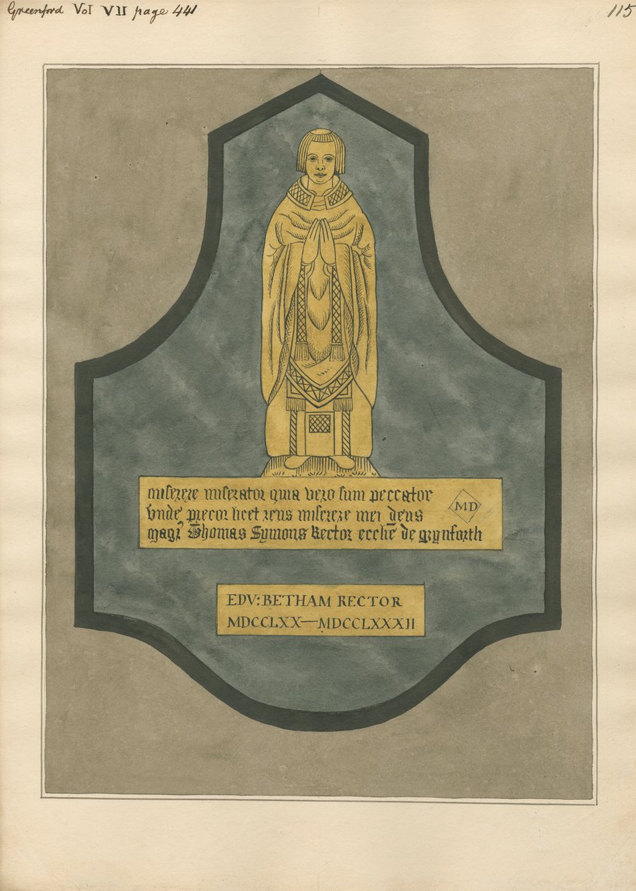 Messingplatte für Thomas Symons aus der Kirche von Greenford von Daniel Lysons