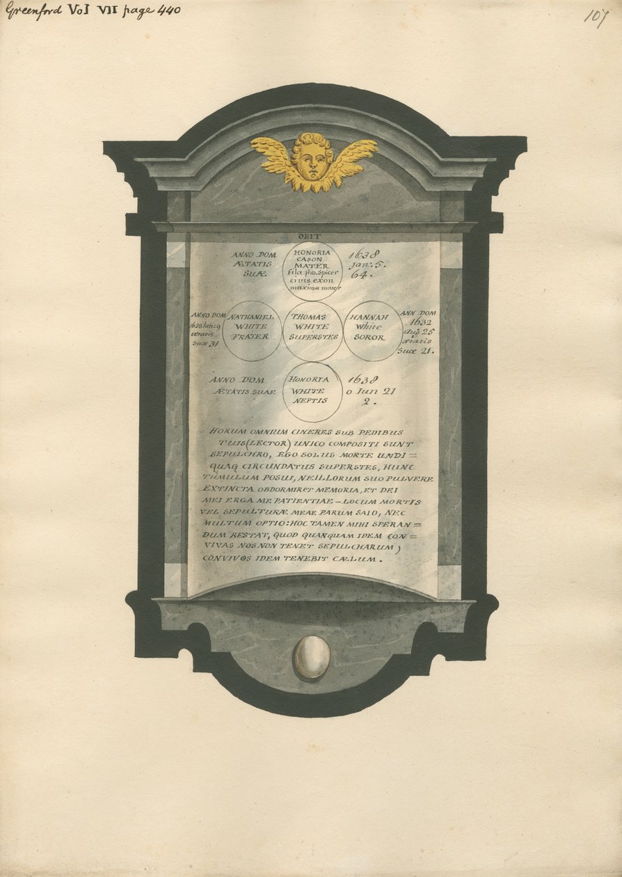Gedenkstätte für Honoria Cason, Nathaniel, Thomas, Hannah und Honoria White aus der Greenford Kirche von Daniel Lysons