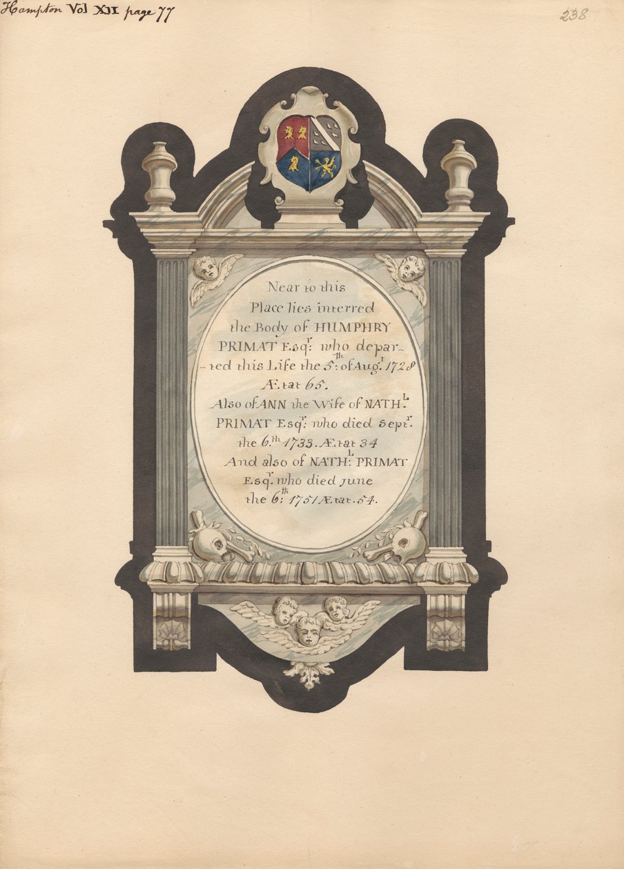 Gedenkstätte für Humphry Primat, Nathaniel und Ann Primat aus der Kirche von Hampton von Daniel Lysons