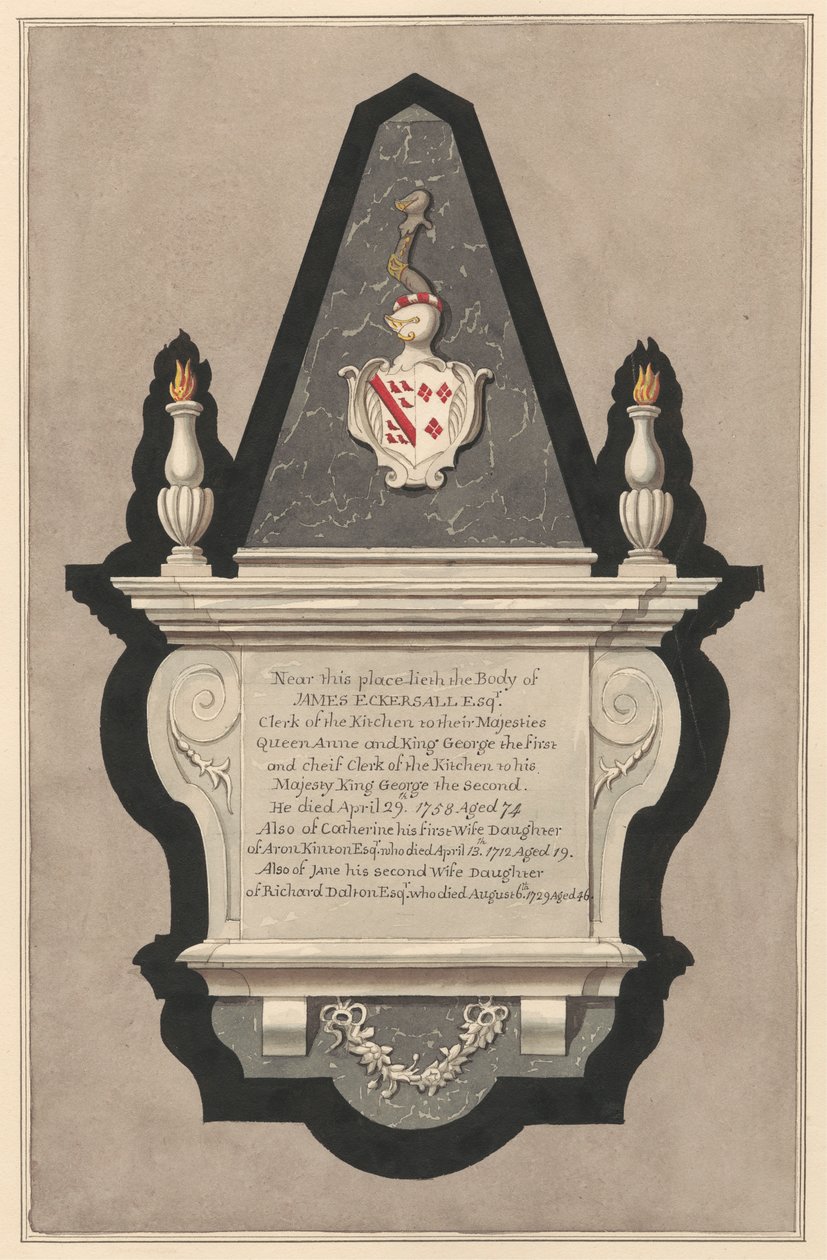 Denkmal für James Eckersall und seine Frau Catherine und seine zweite Frau Catherine und seine zweite Frau Jane aus der Drayton-Kirche von Daniel Lysons
