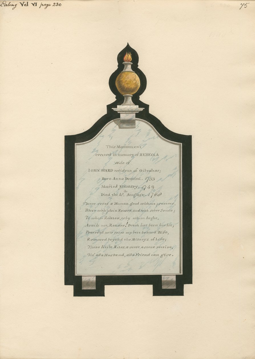 Denkmal für Rebecca, Ehefrau von John Ward aus der Kirche von Ealing von Daniel Lysons