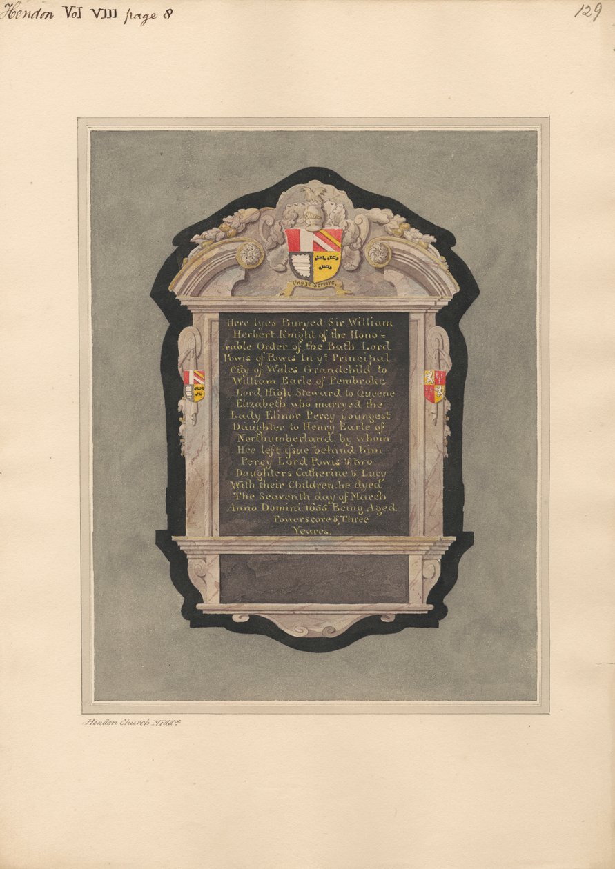 Gedenkstätte für Sir William Herbert aus der Hendon Kirche von Daniel Lysons