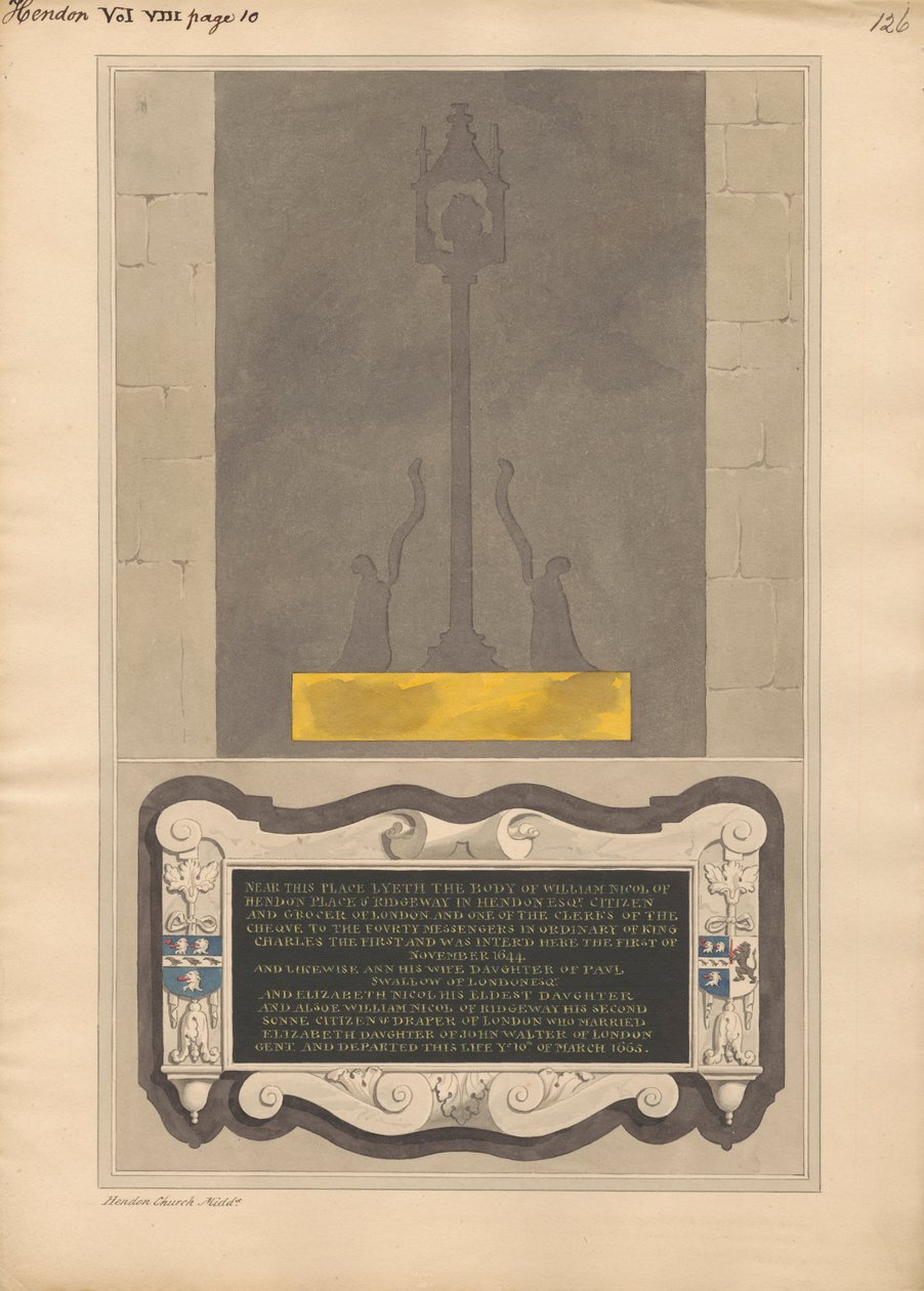 Überreste der Messingplatte und Denkmal für William Nicol und Ann seine Frau und Elizabeth seine Tochter und William seinen Sohn aus der Kirche von Hendon von Daniel Lysons