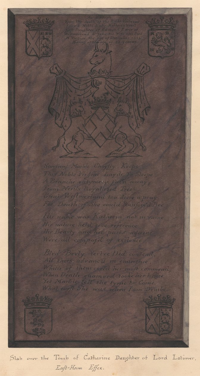 Grabplatte über dem Grab von Catherine, Tochter von Lord Latimer, aus der Kirche von East Ham von Daniel Lysons