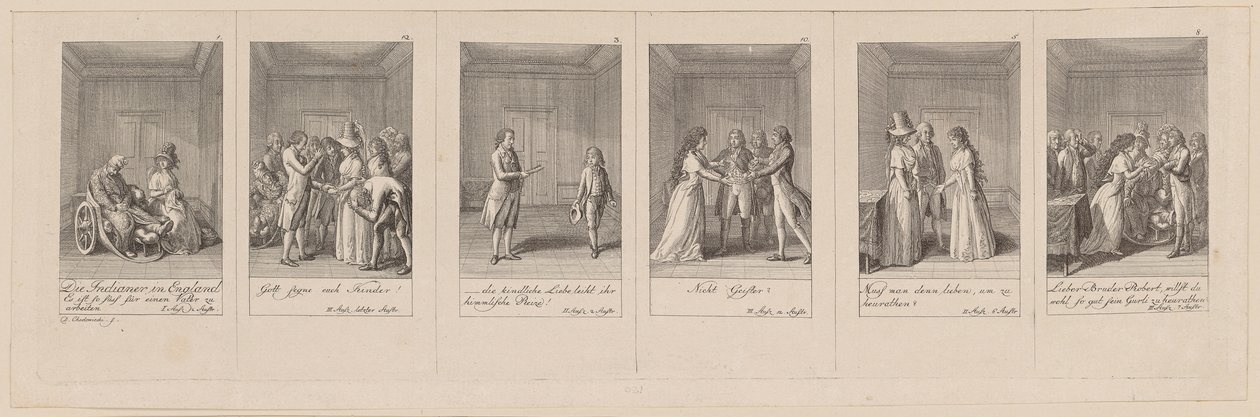 Blätter 1, 12, 3, 10, 5 und 8 von 12 zu Aug. von Kotzebues "Die Indianer in England" von Daniel Nikolaus Chodowiecki
