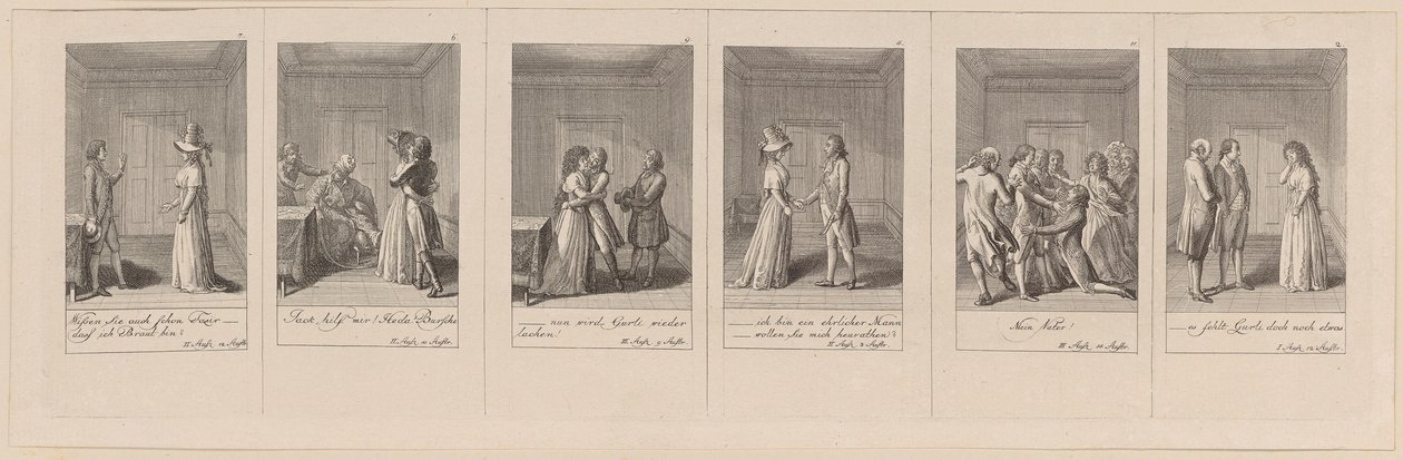 Blätter 7, 6, 9, 4, 11 und 2 von 12 zu Aug. von Kotzebues "Die Indianer in England" von Daniel Nikolaus Chodowiecki