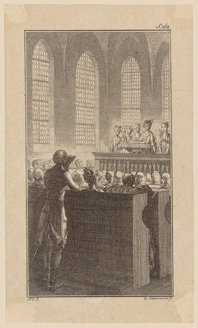 Bunkel in einer Kapelle beim Morgengebet, Blatt 3 aus "Leben Bemerkungen und Meinungen Johann Bunkels" von Daniel Nikolaus Chodowiecki