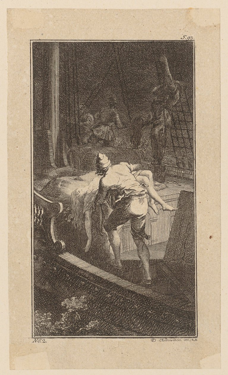 Bunkel trägt Miss Melmoth aus der überschwemmten Kajüte ans Deck, Blatt 2 aus "Leben Bemerkungen und Meinungen Johann Bunkels" von Daniel Nikolaus Chodowiecki
