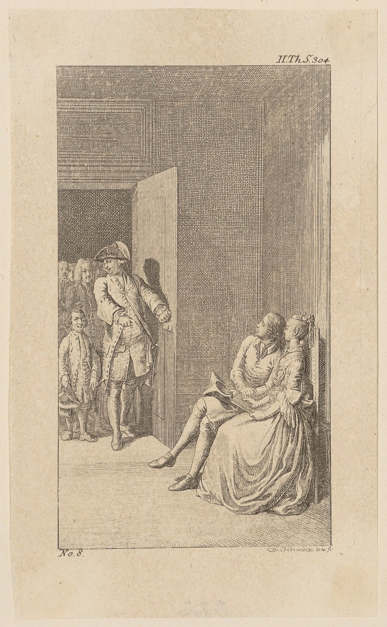 Bunkel wird bei einer Unterhaltung mit Miss Spence von irischen Edelleuten überrascht, Blatt 13 aus "Leben Bemerkungen und Meinungen Johann Bunkels" von Daniel Nikolaus Chodowiecki