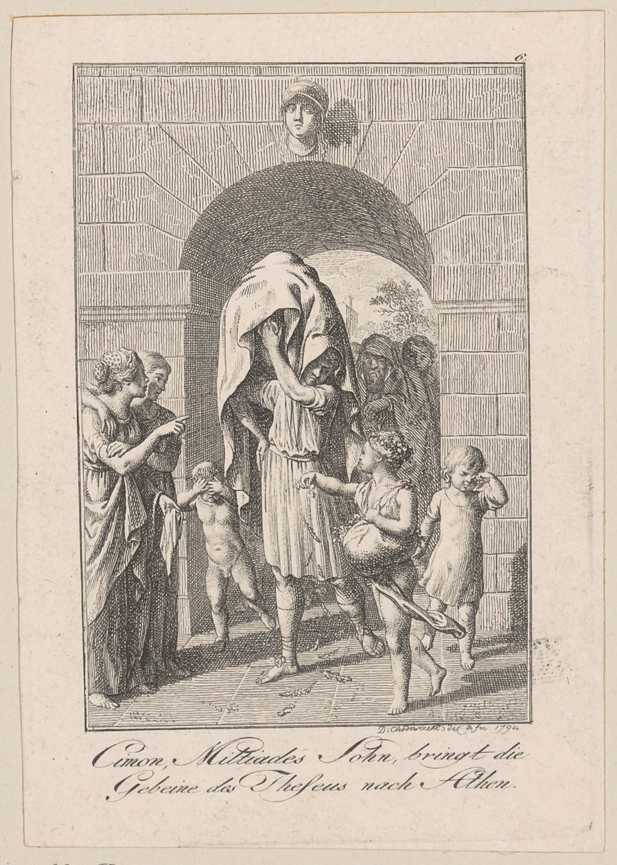 Cimon, Sohn des Miltiades, bringt die Gebeine des Theseus nach Athen, Blatt 6 zu Beckers "Theseus" von Daniel Nikolaus Chodowiecki