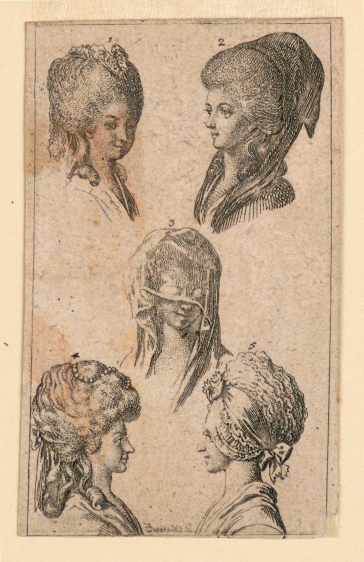 Fünf Kopfbedeckungen, wie sie von Berliner Frauen getragen werden, Illustration für "Königl: Grosbrit [anische] Genealogischer Kalender auf das 1782 Jahr Lauenberg bey J.G. Berenberg" von Daniel Nikolaus Chodowiecki