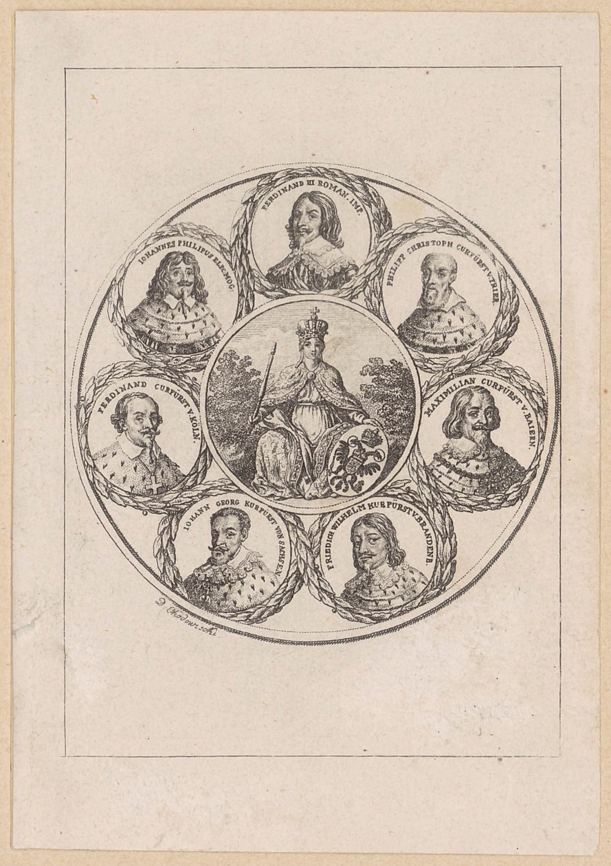 Germania mit den Porträts des Kaisers Ferdinand III. und sechs Kurfürsten aus der Zeit des 30-jährigen Krieges von Daniel Nikolaus Chodowiecki