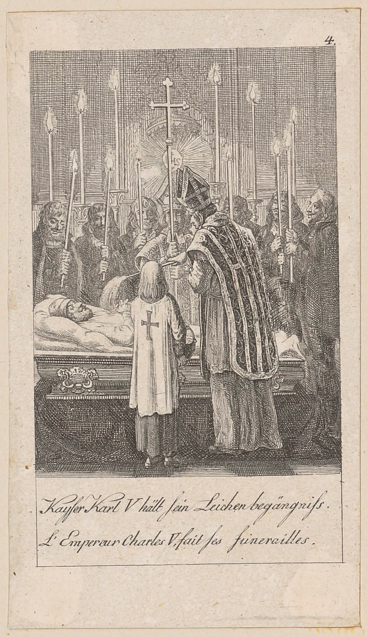 Kaiser Karl V. hält sein Leichenbegängnis, Blatt 4 der Folge "Ältere, mittlere und neuere Geschichte" von Daniel Nikolaus Chodowiecki