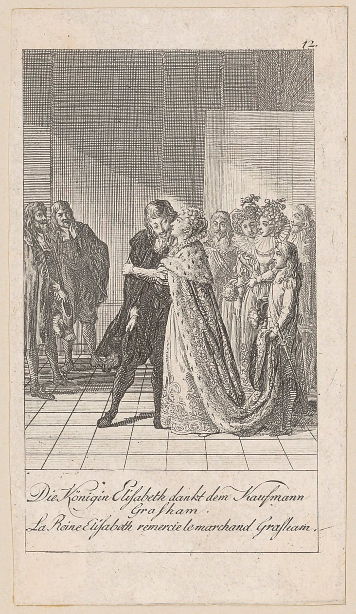 Königin Elisabeth dankt dem Kaufmann Gresham, Blatt 12 der Folge „Ältere, mittlere und neuere Geschichte“ von Daniel Nikolaus Chodowiecki
