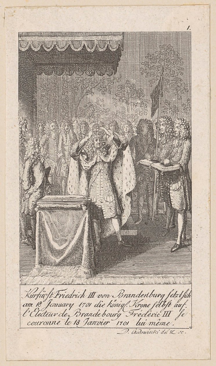 Kurfürst Friedrich III. von Brandenburg krönt sich selbst, Blatt 1 der Folge „Ältere, mittlere und neuere Geschichte“ von Daniel Nikolaus Chodowiecki