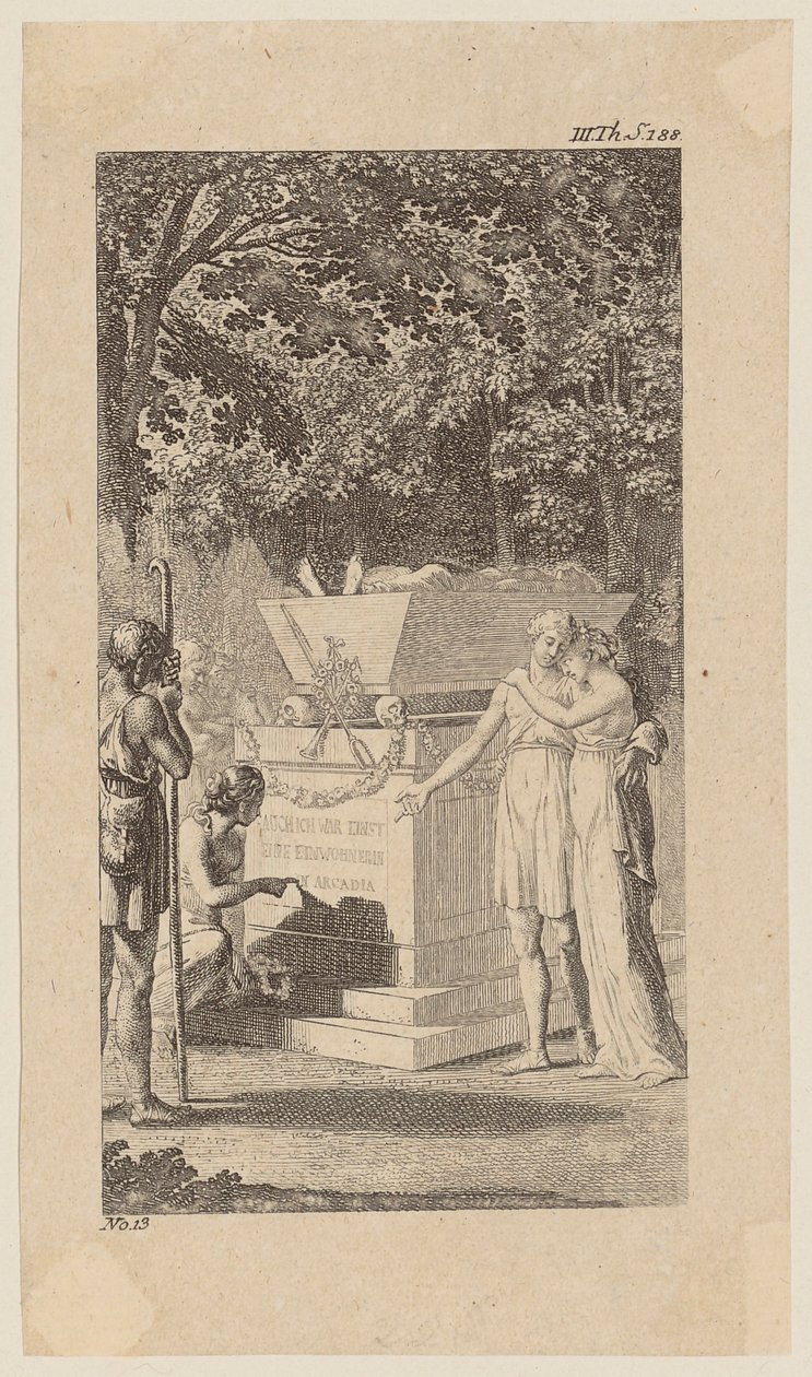 Miss Bruce mit ihrer Freundin an einem Grabmal, Blatt 12 aus "Leben Bemerkungen und Meinungen Johann Bunkels" von Daniel Nikolaus Chodowiecki