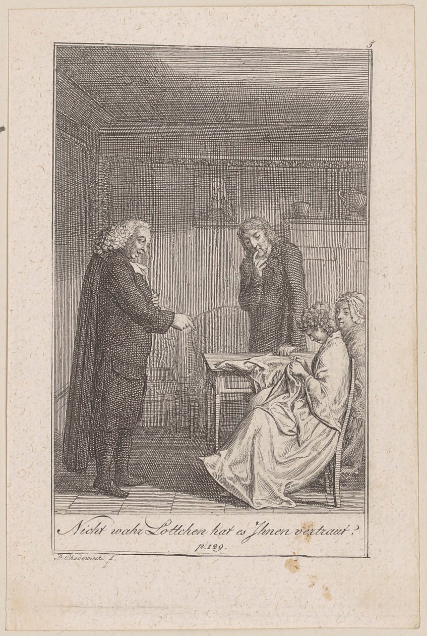 Pfarrer von Morkendorf bringt Minchen in Verlegenheit, Blatt 5 der Folge „Der Ruf in die Stadt“ von Daniel Nikolaus Chodowiecki