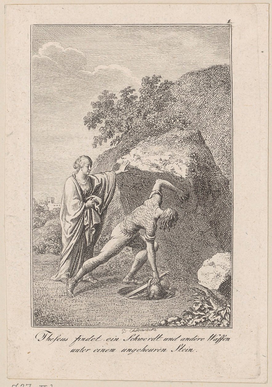 Theseus findet ein Schwert und andere Waffen unter einem Stein, Blatt 1 zu Beckers "Theseus" von Daniel Nikolaus Chodowiecki
