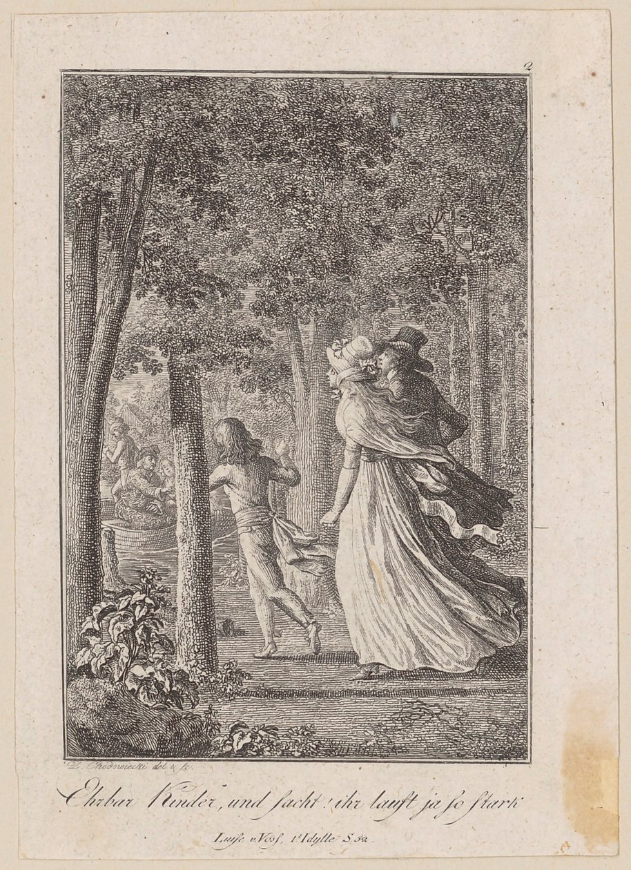 Walter, Luise und Karl treffen im Wald auf einen landenden Kahn von Daniel Nikolaus Chodowiecki