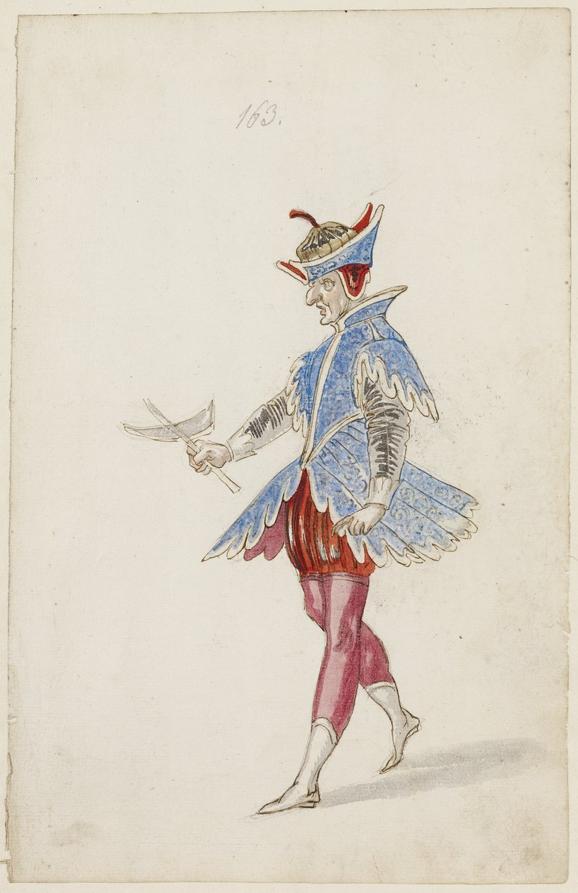 Männliche Figur in blau-rotem Kostüm aus dem Ballet des quatre saisons de l