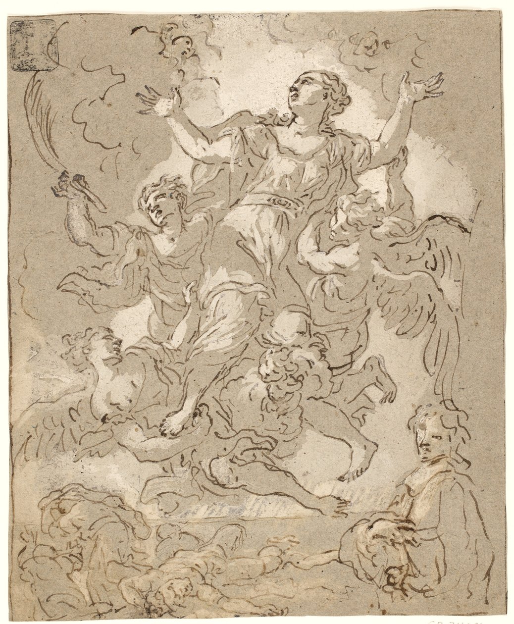 St. Rosalia in Herrlichkeit mit sterbenden und laufenden Figuren und einem männlichen Halbporträt darunter von Daniel Seiter