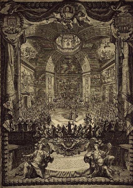 Das große Fest Ihrer Königlichen Hoheit der Prinzessin von Oranien, gefeiert im Dezember 1686 im Salon du Bois in Den Haag, zu Ehren des Geburtstags des Prinzen von Oranien (Gravur) von Daniel the Elder Marot